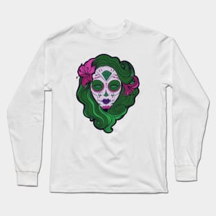 Green hair Pin-up goth girl graphic design Long Sleeve T-Shirt